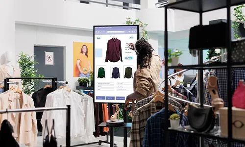 Looking at clothes in the screen in a shop