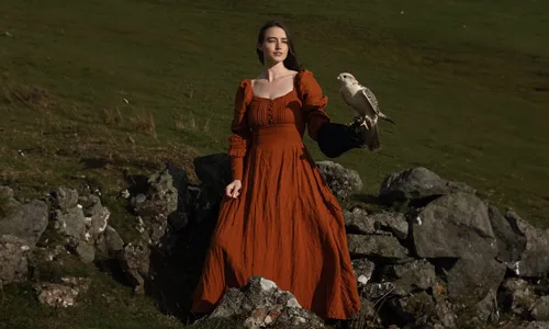 Girl in brown dress with eagle in hand